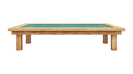 Low, wide table with wooden frame and teal top