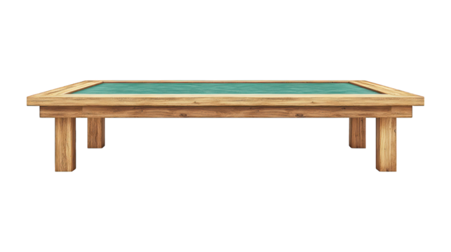 Low, wide table with wooden frame and teal top