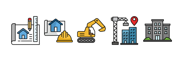 Naklejka premium Building Construction Icon Set Multiple Style Collection, Containing design Blueprint, Architectural, Excavator, Construction Site, Condominium