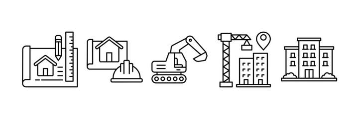 Building Construction Icon Set Multiple Style Collection, Containing design Blueprint, Architectural, Excavator, Construction Site, Condominium