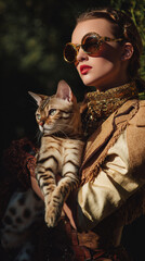 Woman in gold attire holding a bengal cat with round sunglasses in outdoor setting