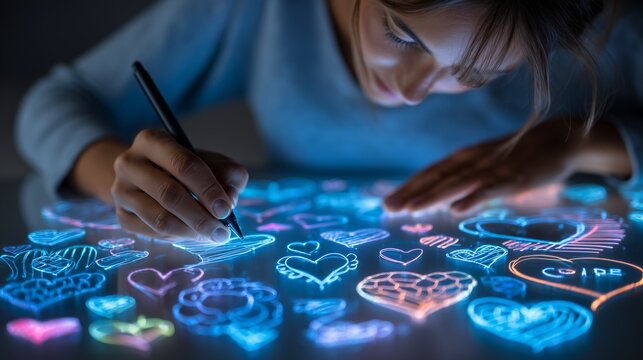 A digital artist sketching on a holographic canvas with Valentine’s Day love-themed brushes - Powered by Adobe