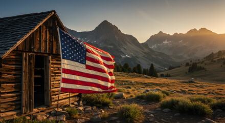USA Flag Draped on Rustic Cabin in Mountains