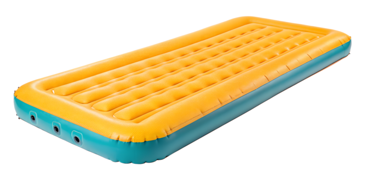 An inflatable air mattress in bright yellow and blue colors. The mattress is designed for outdoor use, featuring a textured surface for comfort.