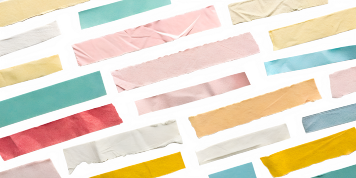 Colorful strips of washi tape arranged on a transparent background. The tape features various pastel colors and textures, creating a vibrant and playful design.