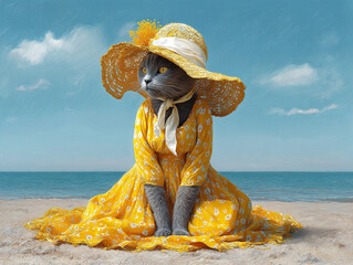 Cat dressed in yellow dress and hat sitting on beach with ocean and sky background