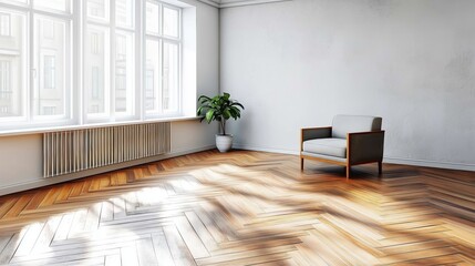 Fototapeta premium Spacious empty living room with wooden flooring, white walls, and natural light from large windows, ready for interior design or real estate showcase.