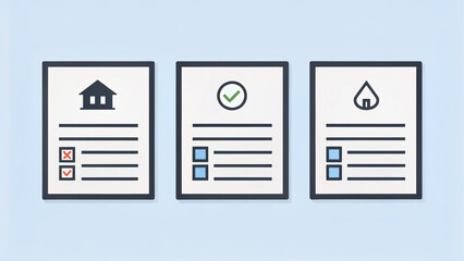 Financial planning documents with icons for home, approval, and insurance on blue background