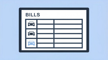 Digital illustration of financial planning spreadsheet for bills featuring car icons on blue background