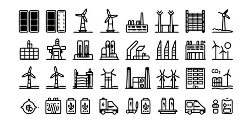 Renewable energy and low emission sustainable power system line icon set including solar, wind, hydrogen and EV charging. Clean energy generation and grid infrastructure vector illustration. 
