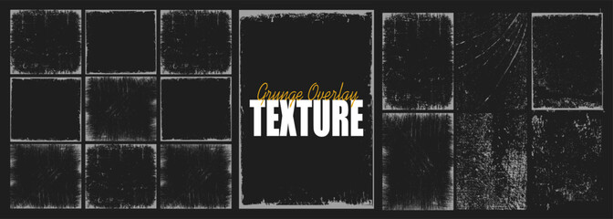 Collection of grunge overlay paper texture, damaged photo cover, retro torn or rip background, distressed ink paint brush stroke frame and dirty banner filter with uneven edge, splash and dust grain.