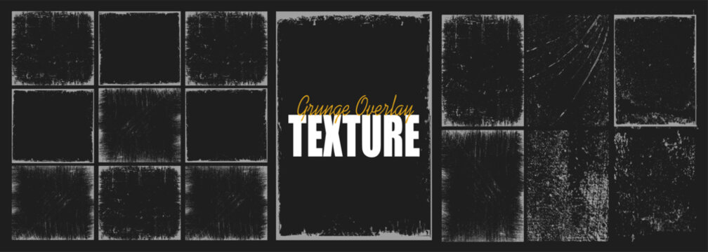 Collection of grunge overlay paper texture, damaged photo cover, retro torn or rip background, distressed ink paint brush stroke frame and dirty banner filter with uneven edge, splash and dust grain.