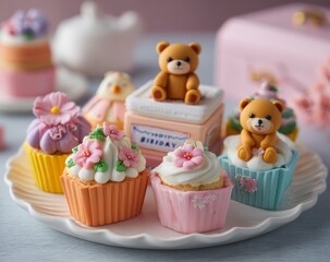 Colorful happy birthday cupcakes with teddy bears, cherry blossoms, and floral designs arranged in a two-tier display on white plate