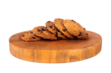 chocolate chip cookies on wooden plate