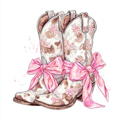Watercolor Cowgirl Boots with Pink Bows A charming illustration of western fashion and feminine detail for creative projects.