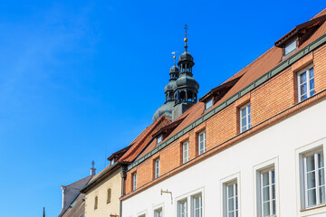 Historic european architecture against clear blue sky