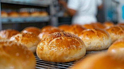 Freshly Baked Bread Rolls with Sesame Seeds on Rack