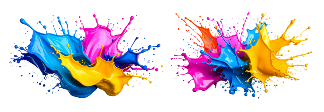 Collection of colorful cmyk paint splashing on transparent background