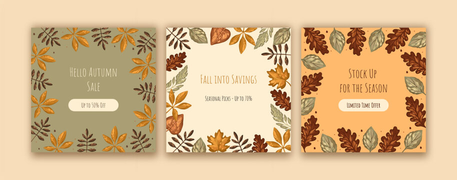 Autumn Sale Template for Social Media with Fall leaves. Vector.