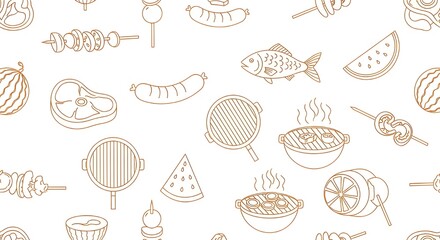 BBQ Grill Doodle Pattern - Barbecue Line Art Icons, Seamless Summer Cookout Background