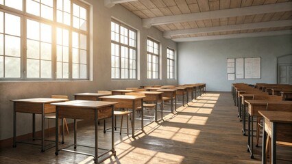 Fototapeta premium An empty classroom bathed in warm sunlight streaming through large windows showcasing rows of wooden desks and chairs