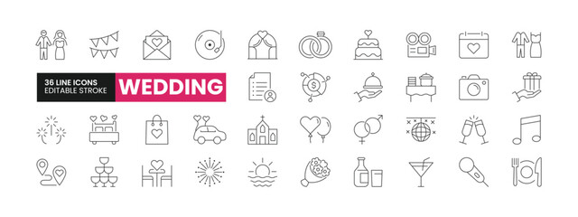Set of 36 Wedding line icons set. Wedding outline icons with editable stroke collection. Includes Wedding Dress, Invitations, Decorations, Guest List, Budgeting, and More.