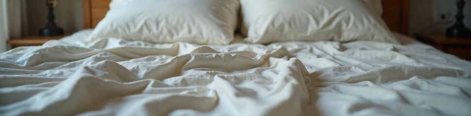 Peaceful Morning Close-up of a Messy But Cozy Bed with Crumpled Blue Sheets and Pillows, Suggesting a Relaxing and Undisturbed Sleep