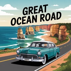 Great Ocean Road Vintage Car Travel Poster