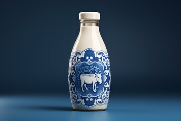 Milk bottle with embossed cow design and delft blue style floral patterns, standing on a blue background, representing fresh dairy products