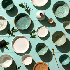 Generated image: Flat lay of various ceramic bowls and plates with green leaves on a turquoise wooden background