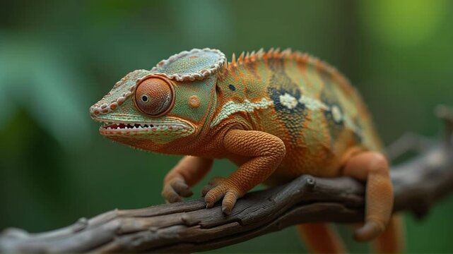 Close up view of a chameleon, Panther Chamaeleo, Madagascar endemic reptile species in nature