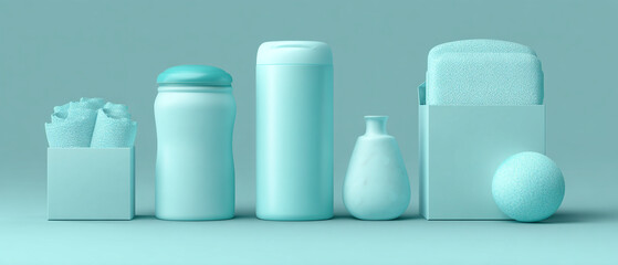 Monochromatic still life of tissue box, jar, canister, vase, and box with sphere