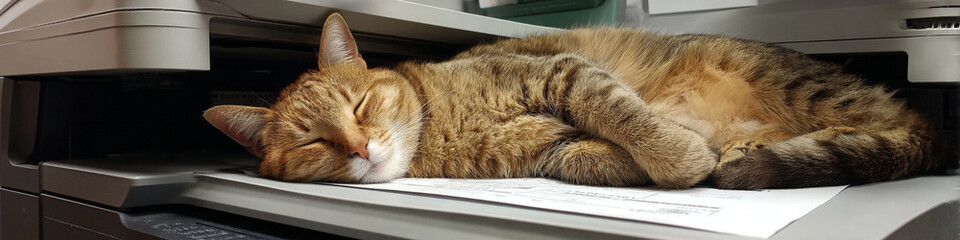 A tabby cat sleeps peacefully on top of a printer in an office environment
