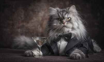 A sophisticated cat in a tuxedo with a martini glass on a dark textured background