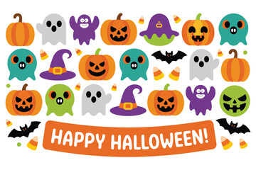 Cute Halloween Ghost, Pumpkin, and Bat Illustrations Spooky Season Fun