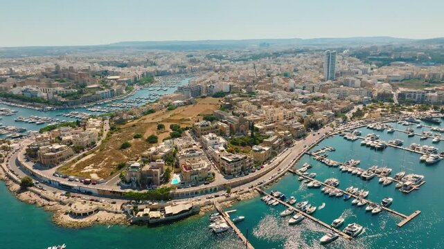Drone aerial view of Msida yacht marina. Malta island