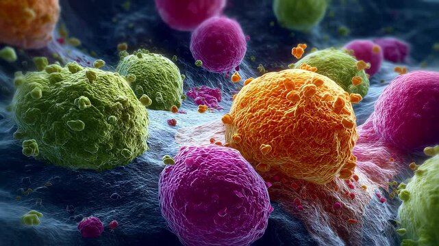 Lysosomes in action digesting various damaged components of a cancer cell.