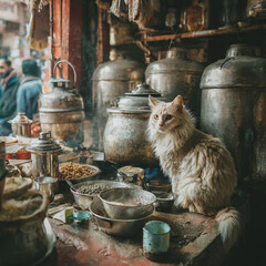 A fluffy cat sits among metal pots and bowls in a dimly lit, cluttered shop scene