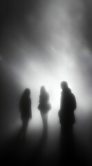 mysterious silhouettes in fog monochrome atmospheric dark figures moody black and white