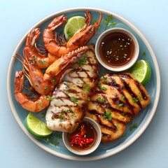 3D icon of grilled seafood including shrimp, squid, and fish with garnish, ideal for UI, app icons, or food infographics.