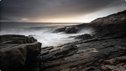 Rocky Shoreline and Splashing Waves
