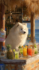 A fluffy white dog sits at a beach bar with colorful drinks and a pineapple nearby