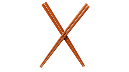 Two wooden chopsticks are crossed isolated on transparent background, ready for a meal.