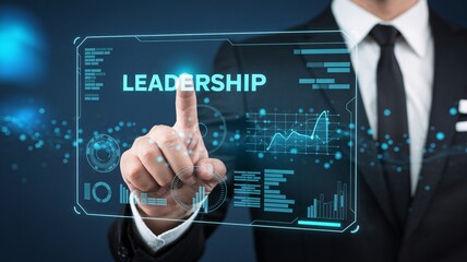 Business leadership concept with businessman touching digital screen interface and futuristic graphics.