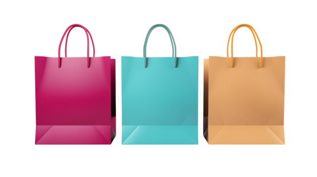 Colorful shopping bags stand isolated on transparent background adding a touch of style for retail promotions.