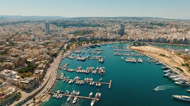 Drone top aerial view of Msida yacht marina. Malta island