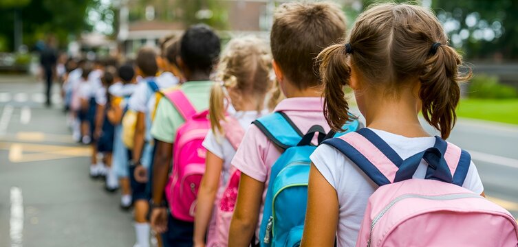 Group of schoolchildren walking in a line on the street wearing backpacks on their way to school day
