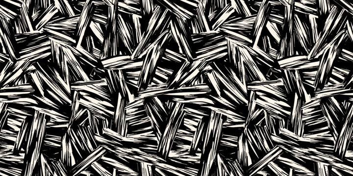 Abstract grunge seamless pattern. Urban art texture with paint strokes, splashes, chaotic ink lines, patches. Graffiti sport style vector background. Black and white camouflage pattern. Repeat design