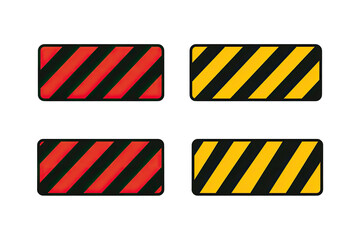 Four rectangular warning signs, alternating red/black and yellow/black diagonal stripes