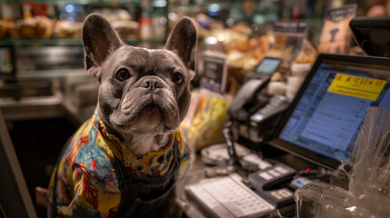 A french bulldog wearing a colorful shirt standing behind a counter in a store